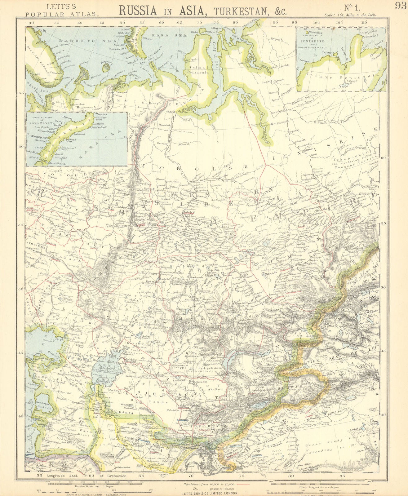 CENTRAL ASIA. Bokhara Russian Turkestan Tomsk Great Horde Turgan. LETTS 1892 map